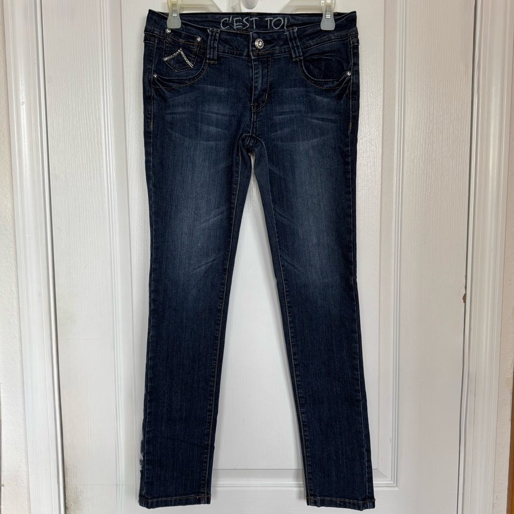 Bedazzle Dark Blue Wash Skinny Jeans